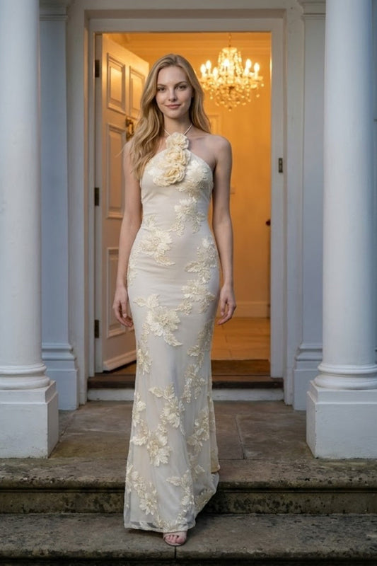Champagne Sheath Halter Long Prom Dress with 3D Flowers
