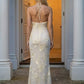 Champagne Sheath Halter Long Prom Dress with 3D Flowers