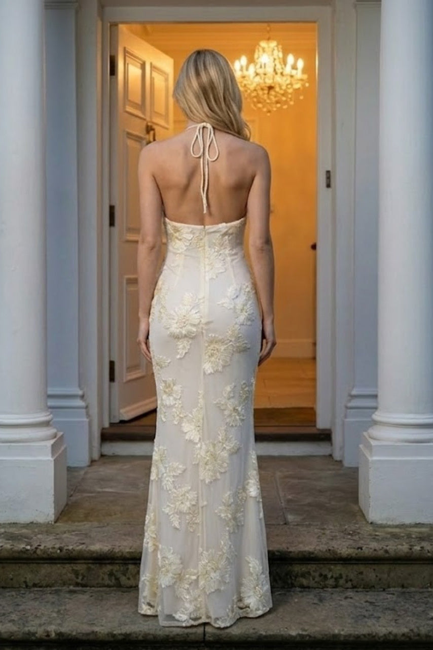 Champagne Sheath Halter Long Prom Dress with 3D Flowers