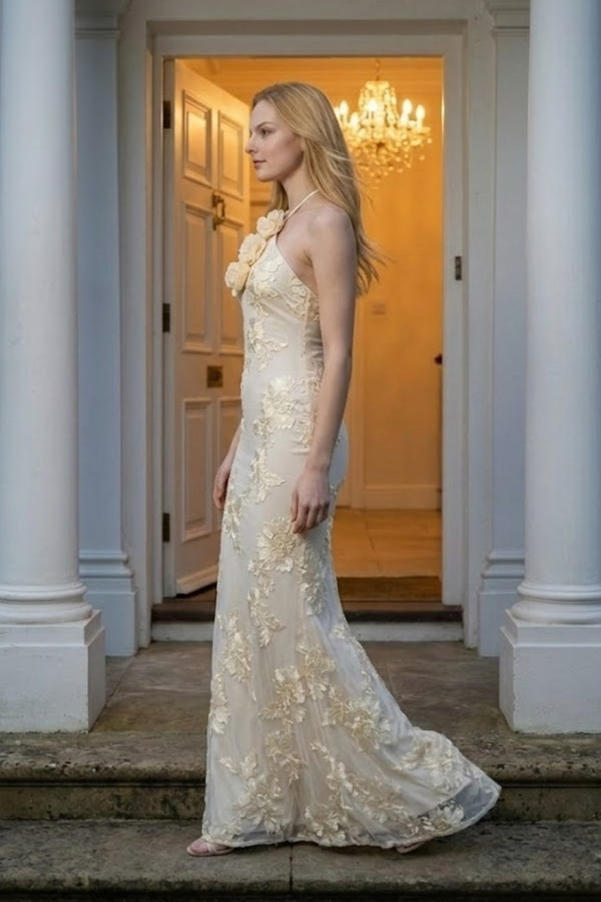 Champagne Sheath Halter Long Prom Dress with 3D Flowers