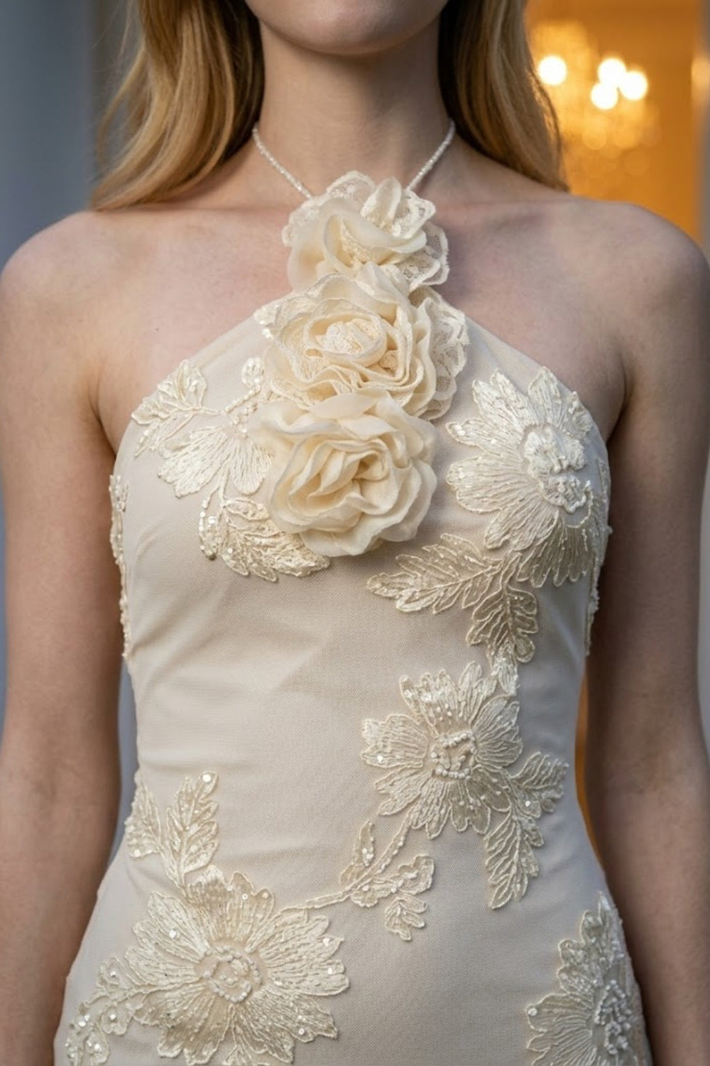 Champagne Sheath Halter Long Prom Dress with 3D Flowers