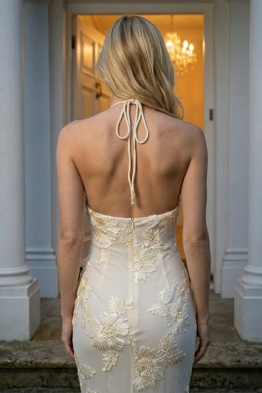 Champagne Sheath Halter Long Prom Dress with 3D Flowers
