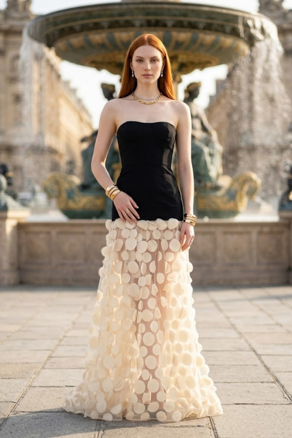 Black and White A-Line Strapless Long Prom Dress