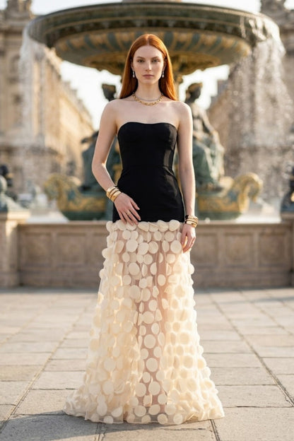 Black and White A-Line Strapless Long Prom Dress