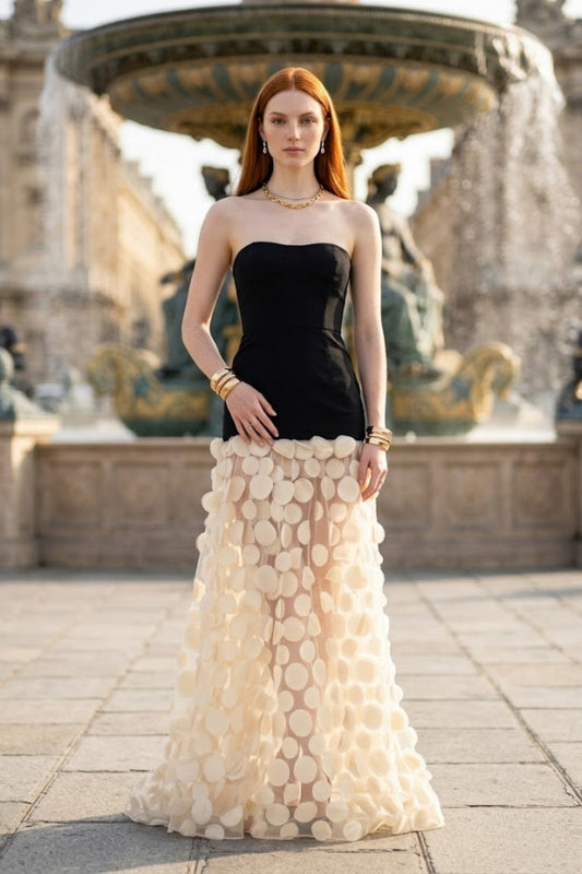 Black and White A-Line Strapless Long Prom Dress