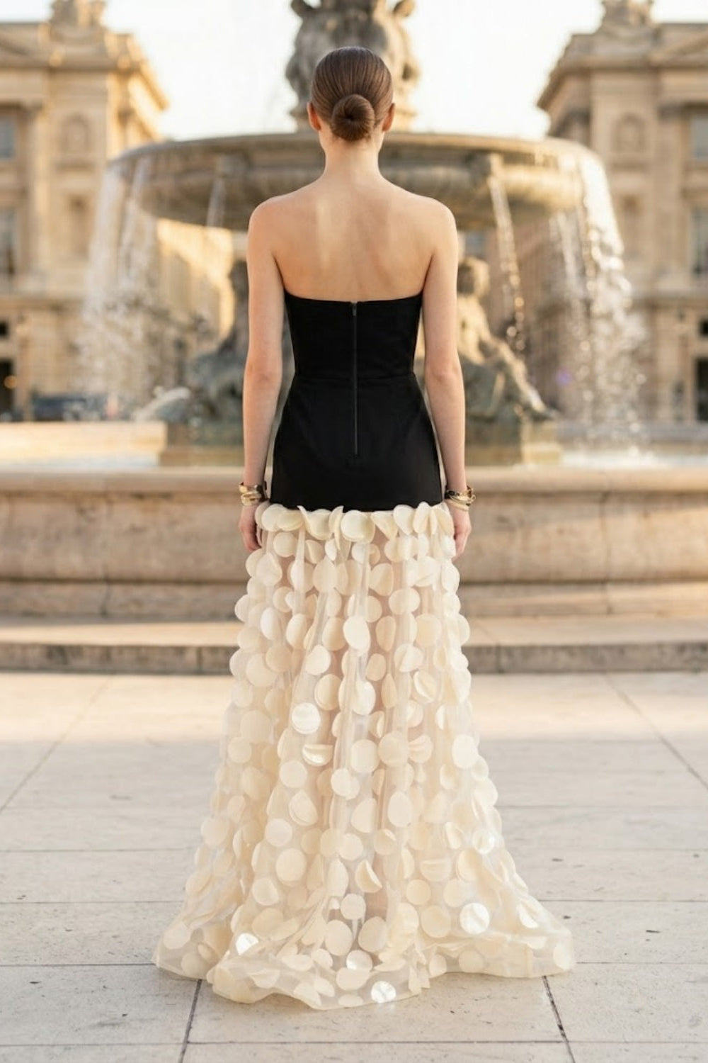 Black and White A-Line Strapless Long Prom Dress