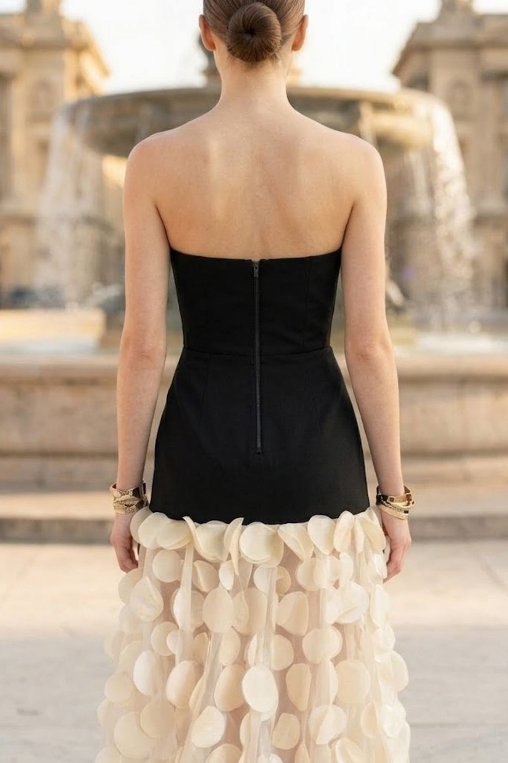 Black and White A-Line Strapless Long Prom Dress