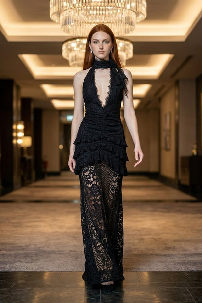 Black Sheath Halter Long Prom Dress with Lace