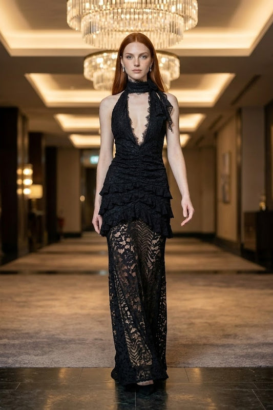 Black Sheath Halter Long Prom Dress with Lace