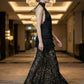 Black Sheath Halter Long Prom Dress with Lace