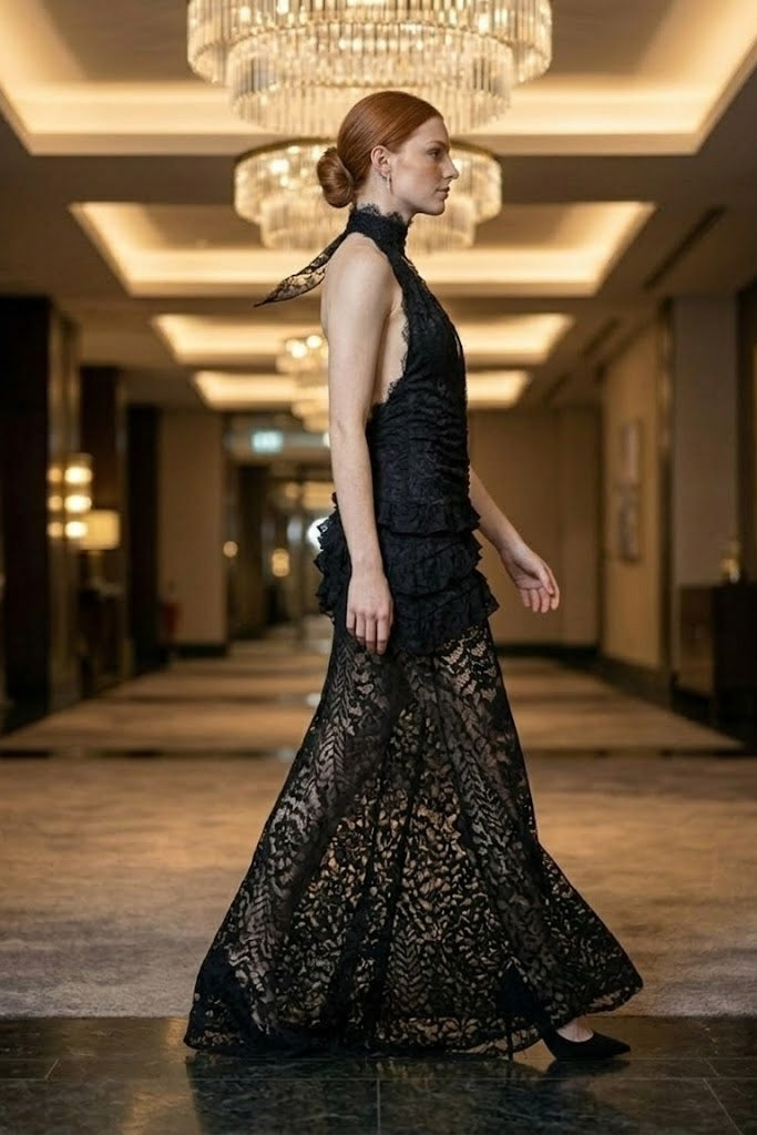 Black Sheath Halter Long Prom Dress with Lace