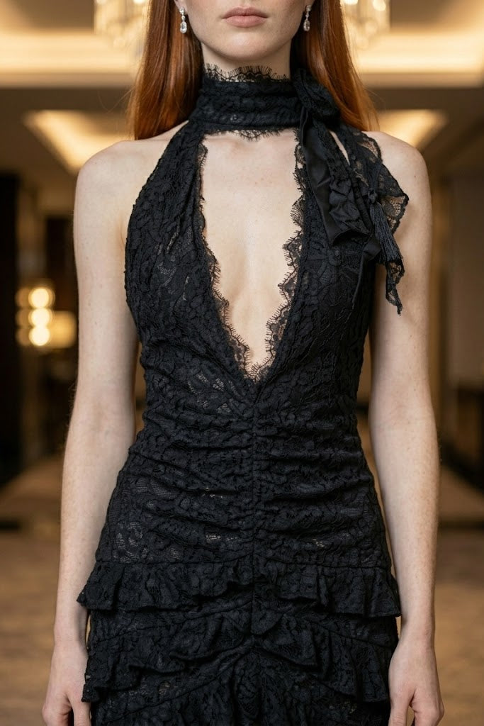Black Sheath Halter Long Prom Dress with Lace