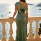 Emerald Green Sheath One Shoulder Long Formal Dress with Ruching