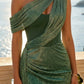 Emerald Green Sheath One Shoulder Long Formal Dress with Ruching