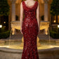 Red Sheath Cowl Neck Long Evening Dress with Sequin Rhinestone