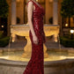 Red Sheath Cowl Neck Long Evening Dress with Sequin Rhinestone