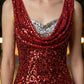 Red Sheath Cowl Neck Long Evening Dress with Sequin Rhinestone