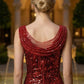 Red Sheath Cowl Neck Long Evening Dress with Sequin Rhinestone