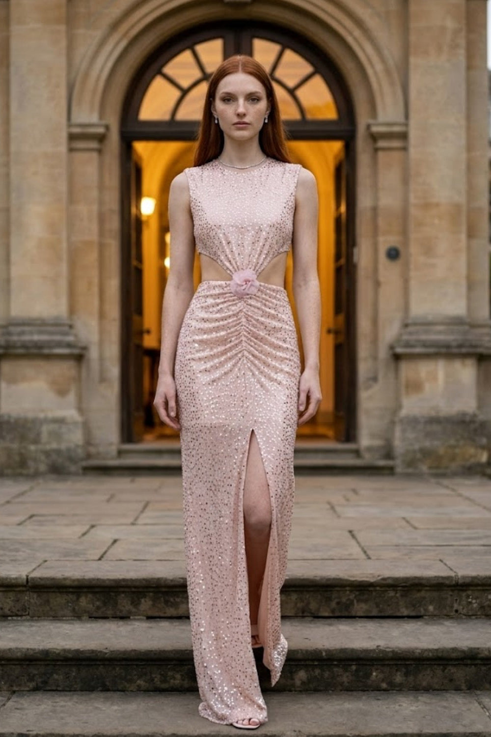 Sparkly Pink Sheath Scoop Long Prom Dress with Slit