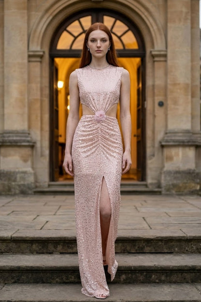 Sparkly Pink Sheath Scoop Long Prom Dress with Slit