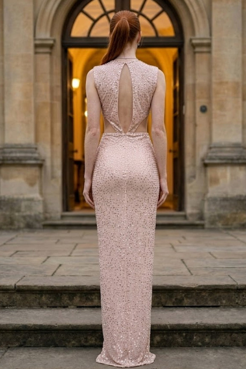 Sparkly Pink Sheath Scoop Long Prom Dress with Slit