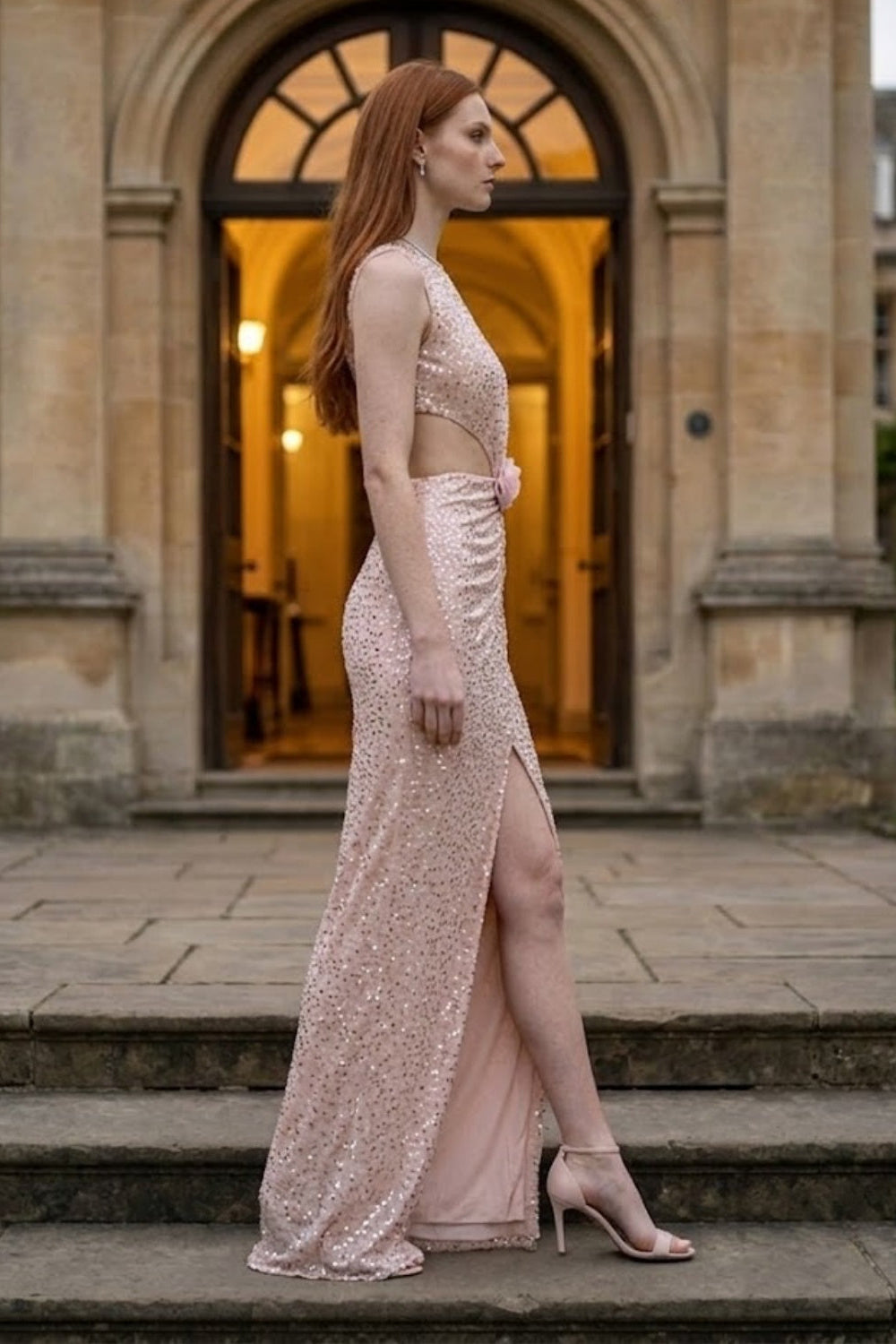 Sparkly Pink Sheath Scoop Long Prom Dress with Slit