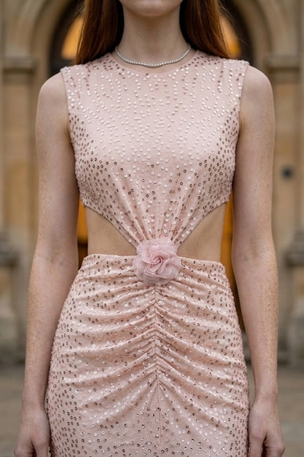Sparkly Pink Sheath Scoop Long Prom Dress with Slit