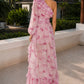 Pink Floral A Line One Shoulder Homecoming Dress with Ruffles