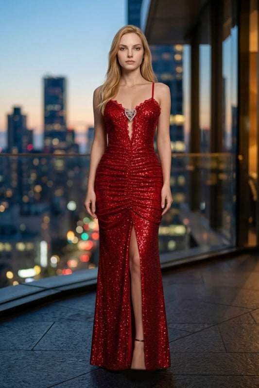 Sparkly Red Sheath Spaghetti Straps Long Prom Dress with Slit
