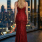 Sparkly Red Sheath Spaghetti Straps Long Prom Dress with Slit