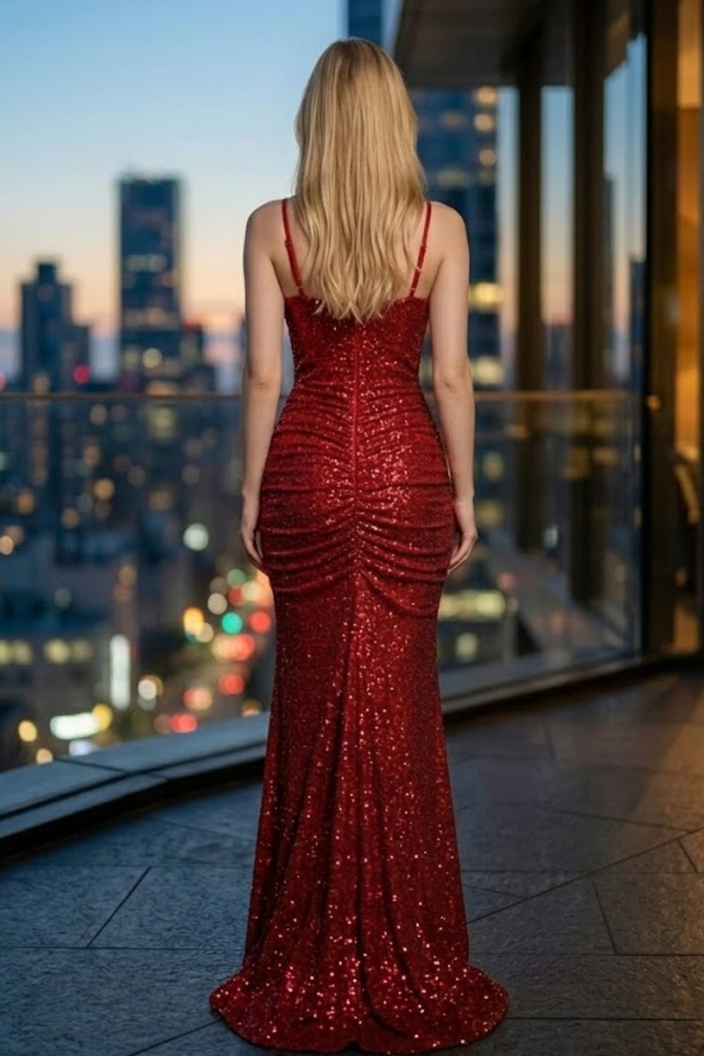 Sparkly Red Sheath Spaghetti Straps Long Prom Dress with Slit