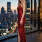 Sparkly Red Sheath Spaghetti Straps Long Prom Dress with Slit