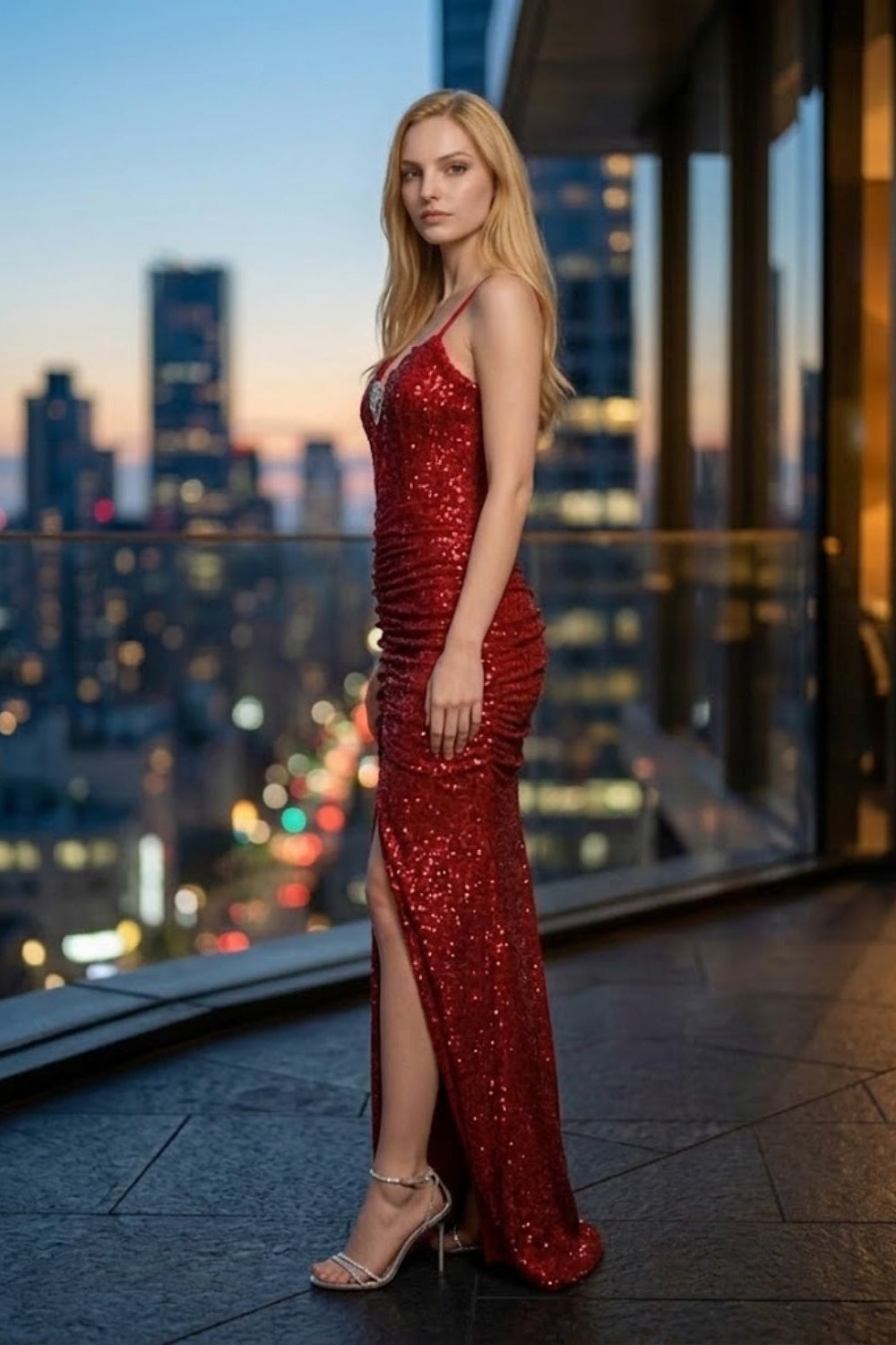 Sparkly Red Sheath Spaghetti Straps Long Prom Dress with Slit