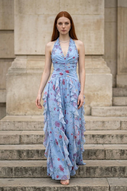 Floral Blue Sheath Halter Long Prom Dress with Ruffles