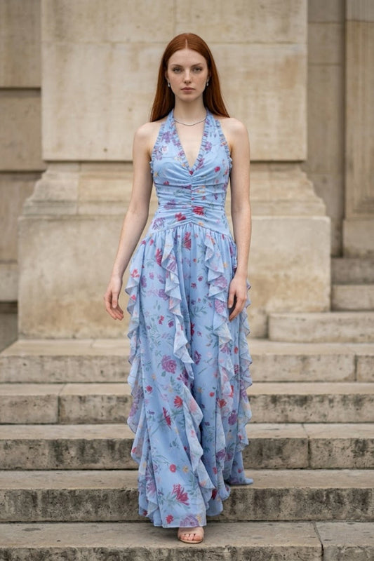 Floral Blue Sheath Halter Long Prom Dress with Ruffles