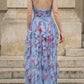 Floral Blue Sheath Halter Long Prom Dress with Ruffles