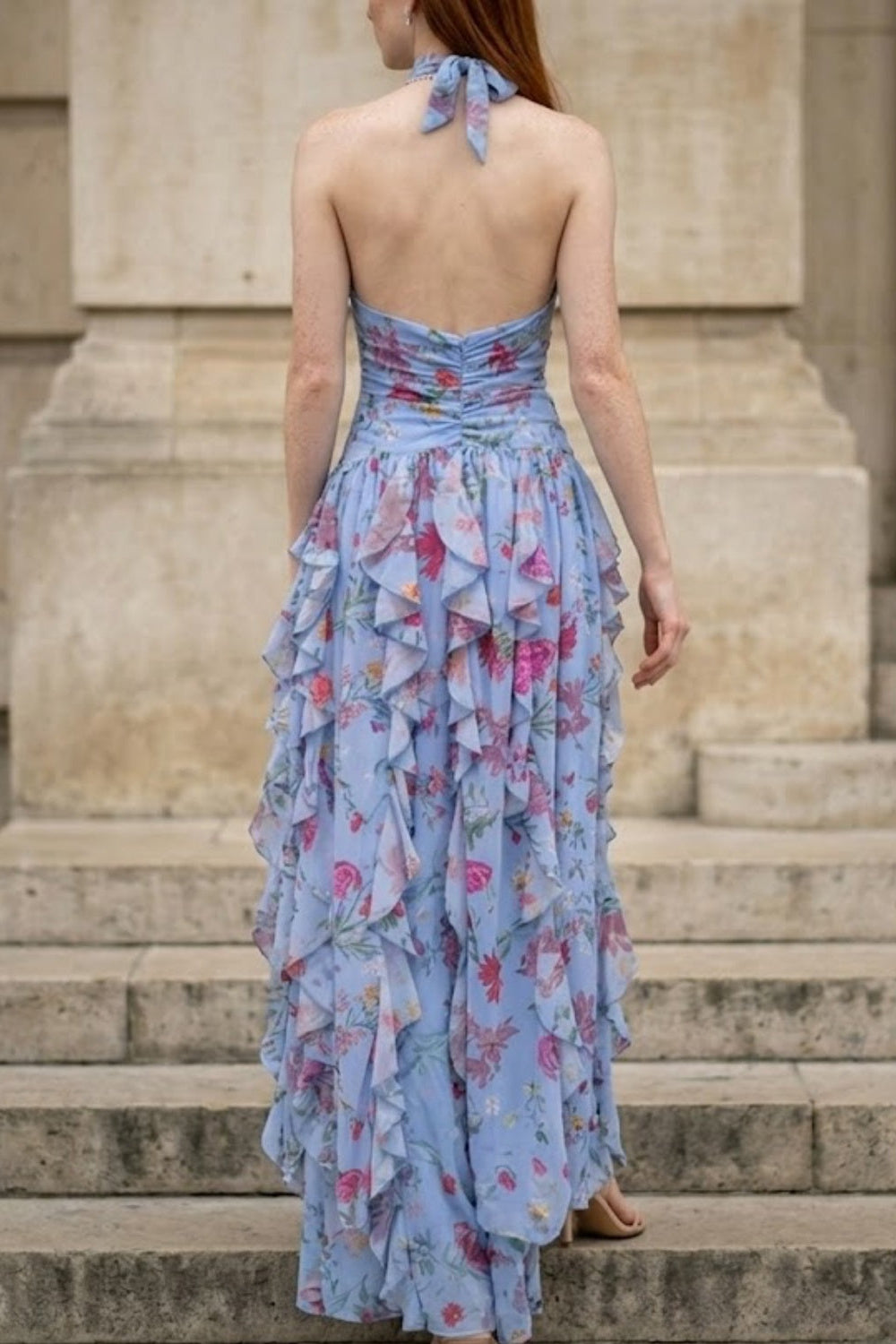 Floral Blue Sheath Halter Long Prom Dress with Ruffles