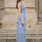 Floral Blue Sheath Halter Long Prom Dress with Ruffles