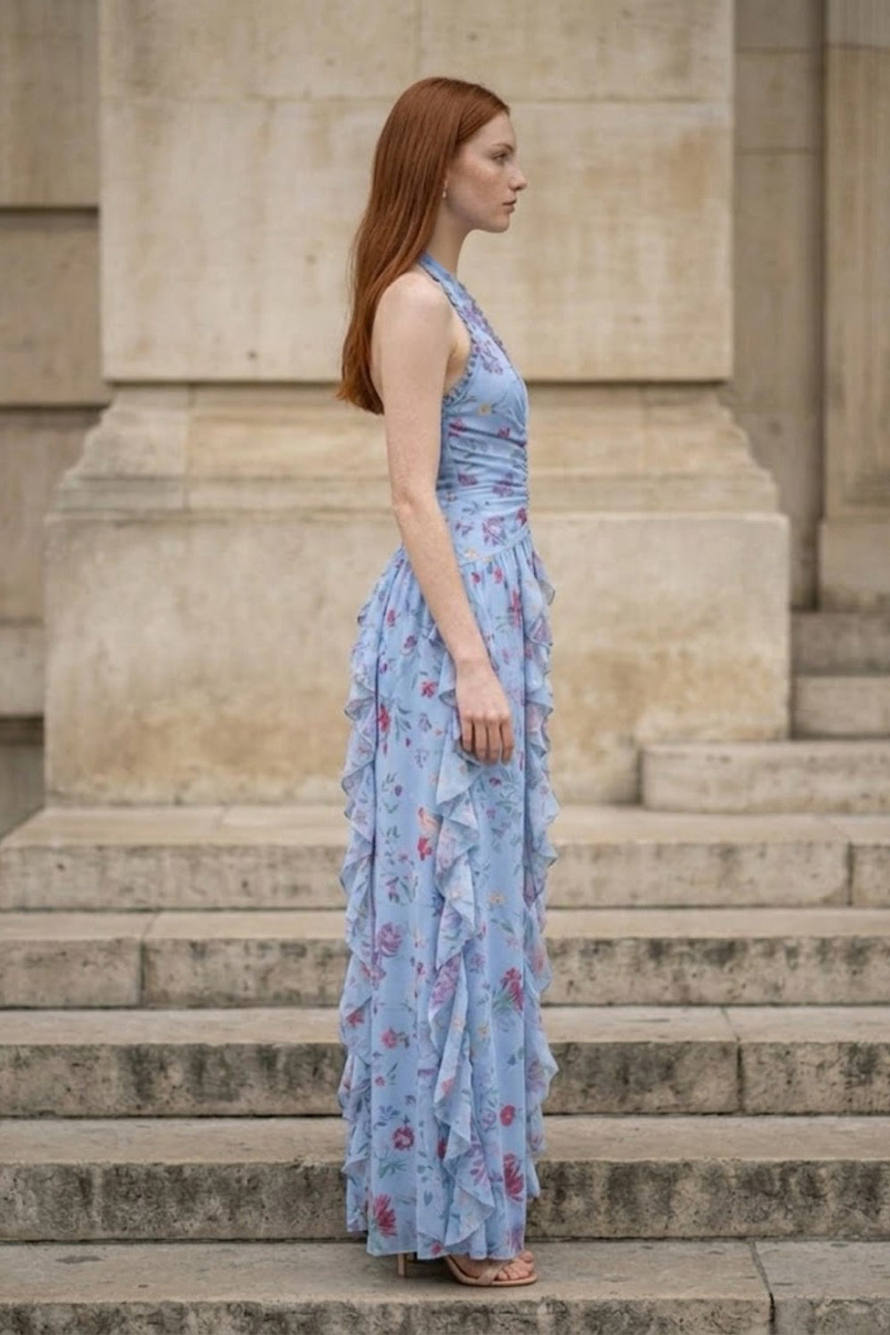 Floral Blue Sheath Halter Long Prom Dress with Ruffles
