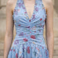 Floral Blue Sheath Halter Long Prom Dress with Ruffles