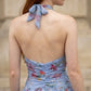 Floral Blue Sheath Halter Long Prom Dress with Ruffles