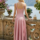 Blush Pink A Line Square Neck Long Prom Dress