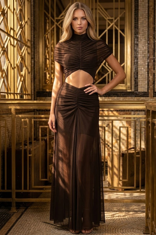 Brown Sheath High Neck Long Formal Dress with Cutout
