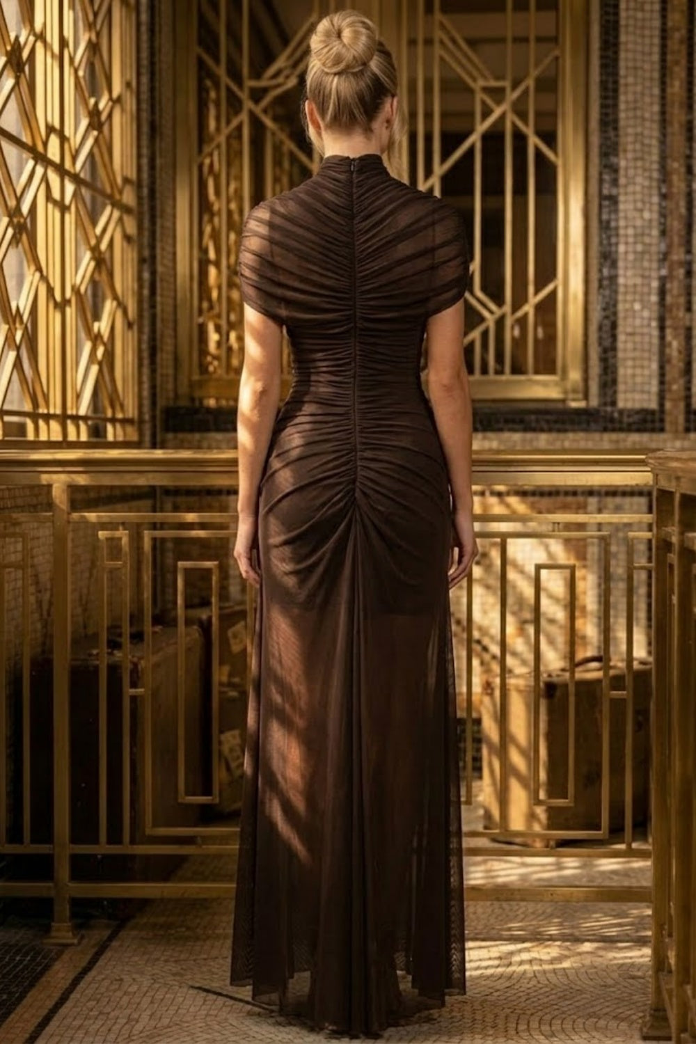 Brown Sheath High Neck Long Formal Dress with Cutout