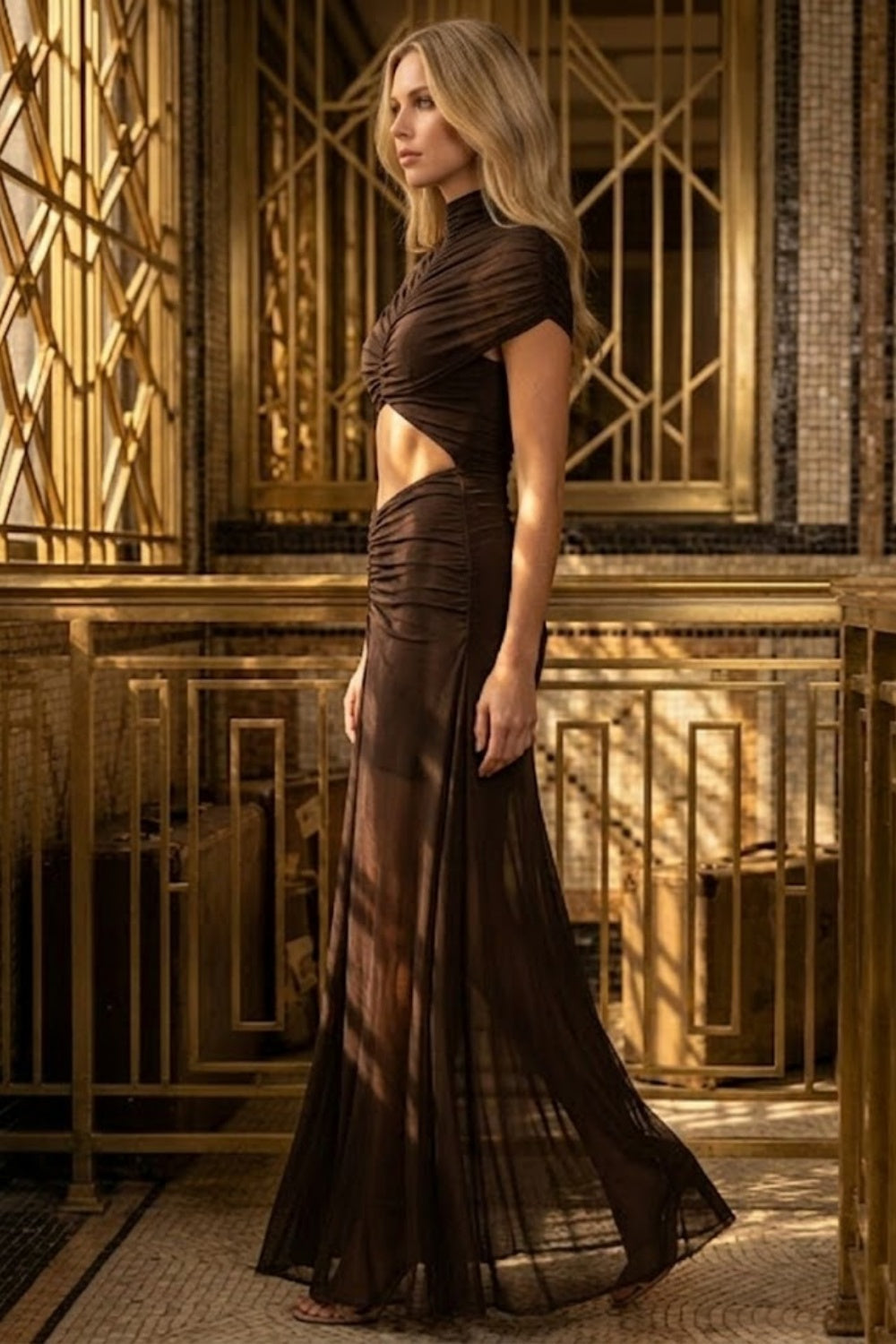 Brown Sheath High Neck Long Formal Dress with Cutout