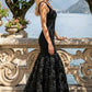Black Mermaid Square Neck Maxi Formal Dress with 3D Flowers