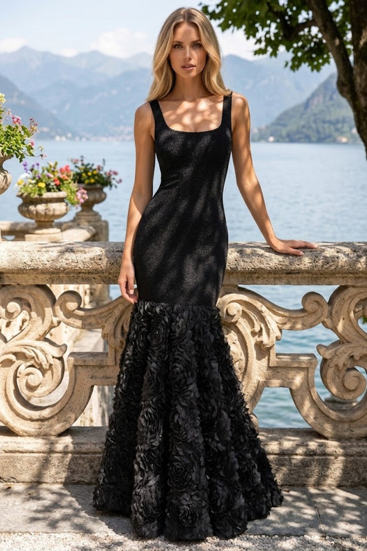 Black Mermaid Square Neck Maxi Formal Dress with 3D Flowers