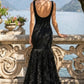 Black Mermaid Square Neck Maxi Formal Dress with 3D Flowers