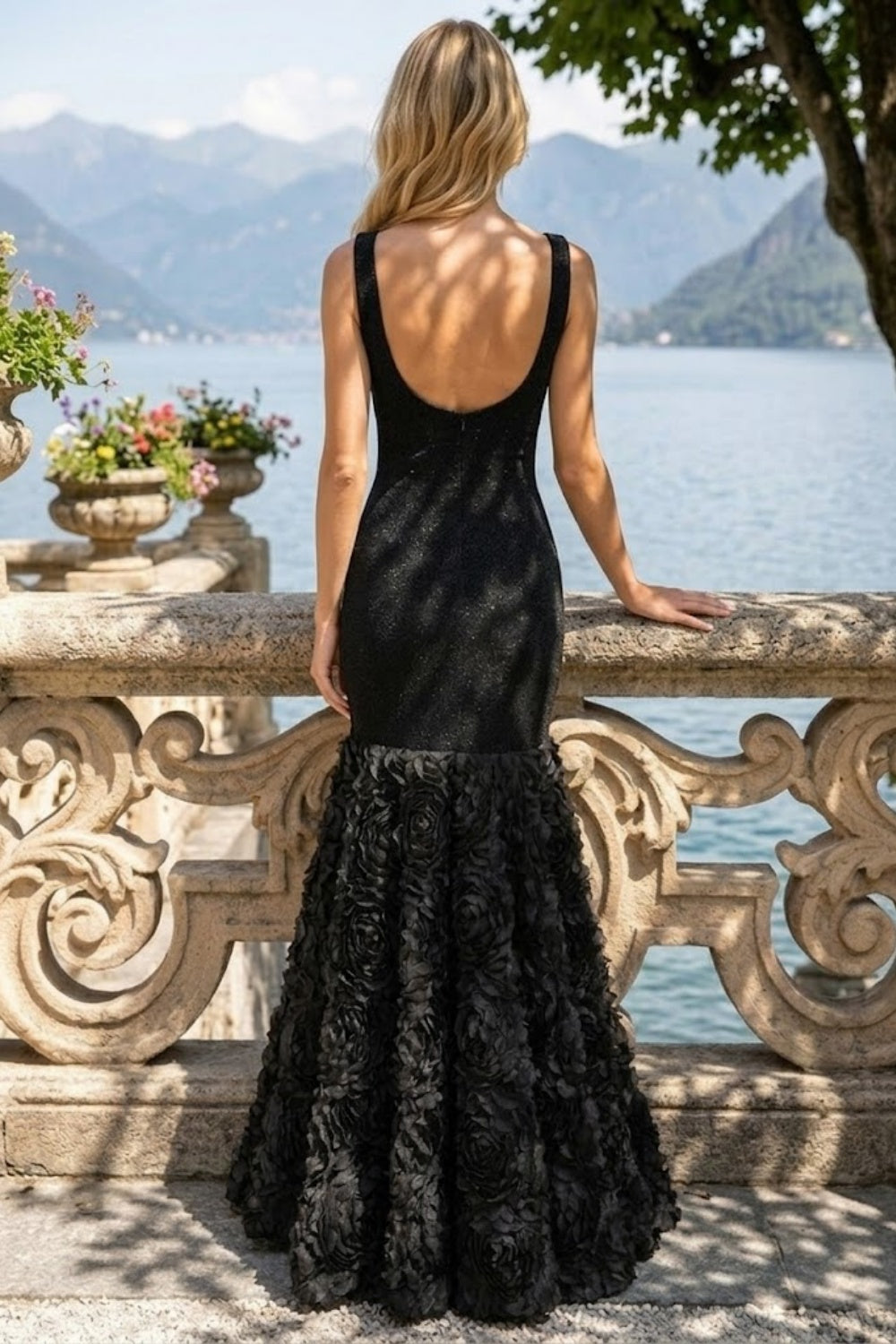 Black Mermaid Square Neck Maxi Formal Dress with 3D Flowers