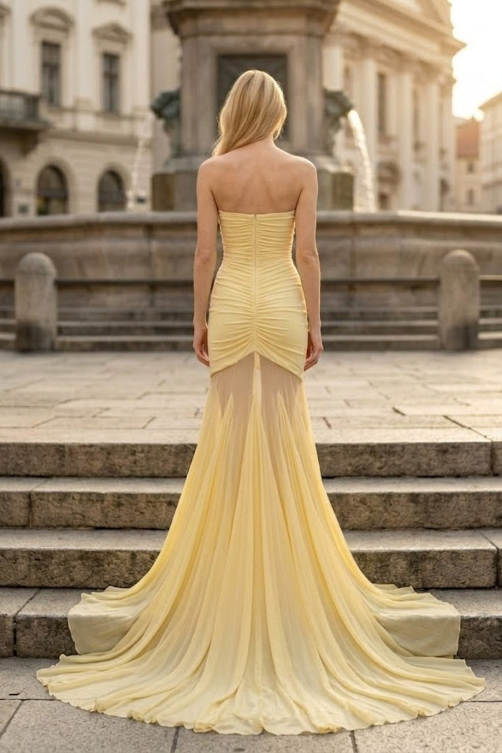 Simple Yellow Bodycon Strapless Long Prom Dress